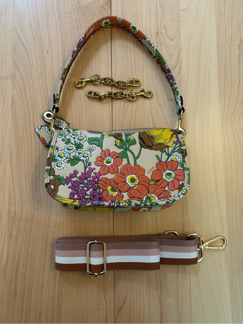 Coach Swinger 20 Garden Floral embossed ivory leather baguette armpit bag extras
